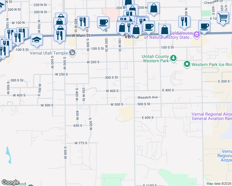 map of restaurants, bars, coffee shops, grocery stores, and more near 131 West 400 South in Vernal