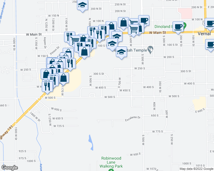 map of restaurants, bars, coffee shops, grocery stores, and more near 824 West 400 South in Vernal