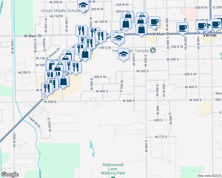 map of restaurants, bars, coffee shops, grocery stores, and more near 818 West 400 South in Vernal