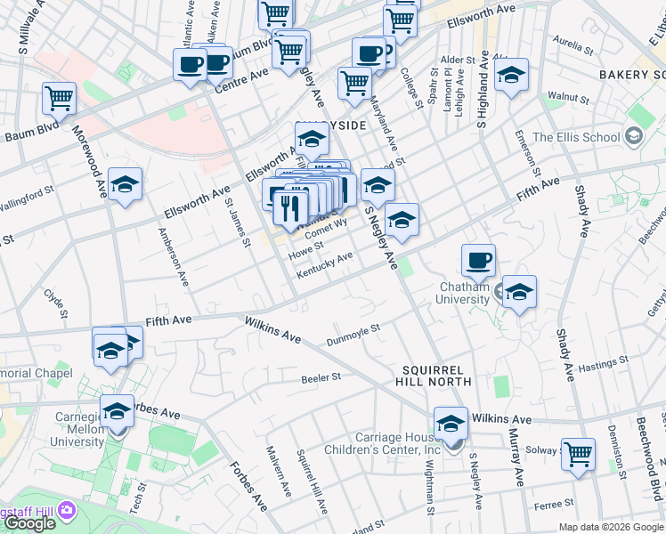 map of restaurants, bars, coffee shops, grocery stores, and more near 5517 Fifth Avenue in Pittsburgh