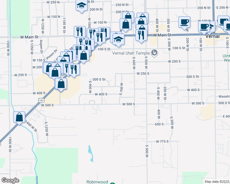 map of restaurants, bars, coffee shops, grocery stores, and more near 790 West 400 South in Vernal