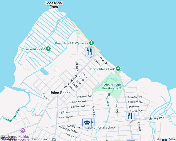map of restaurants, bars, coffee shops, grocery stores, and more near 813 Center Street in Union Beach