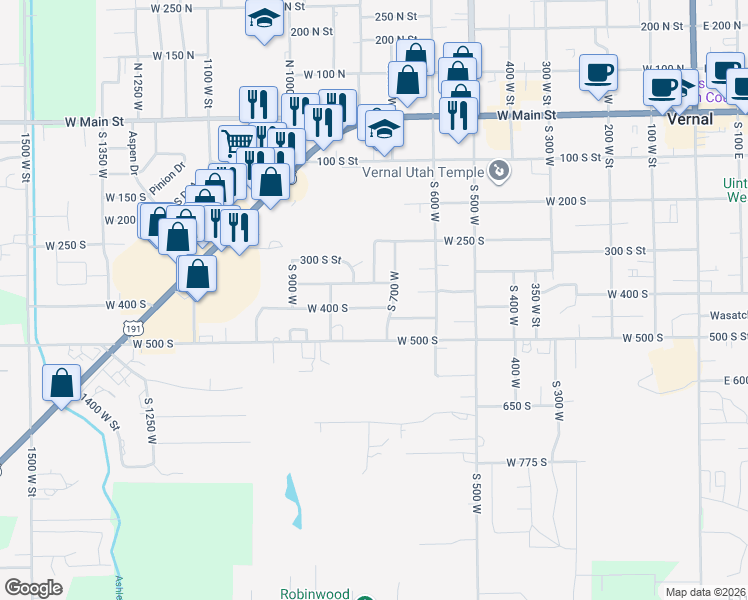 map of restaurants, bars, coffee shops, grocery stores, and more near 458 South 700 West in Vernal