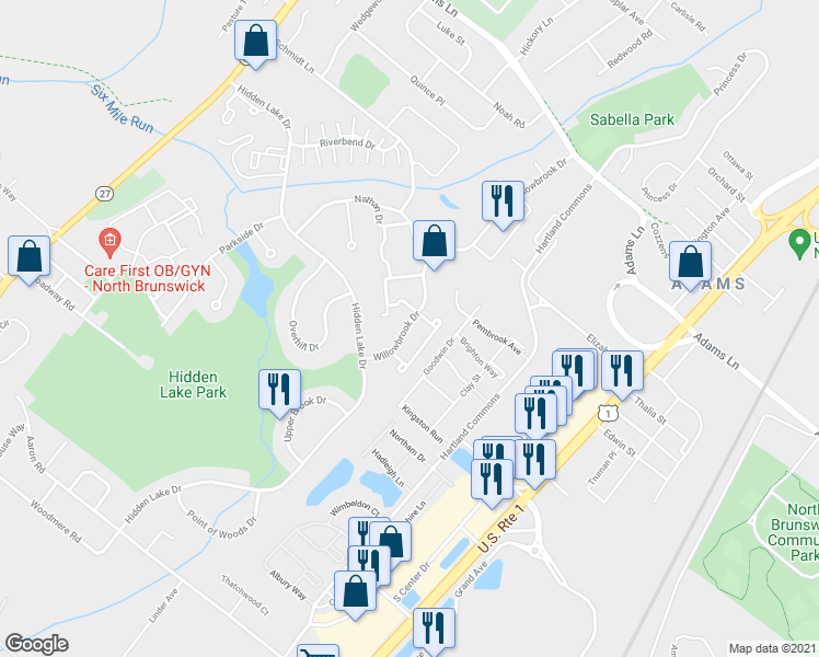 map of restaurants, bars, coffee shops, grocery stores, and more near 312 Willowbrook Drive in North Brunswick Township