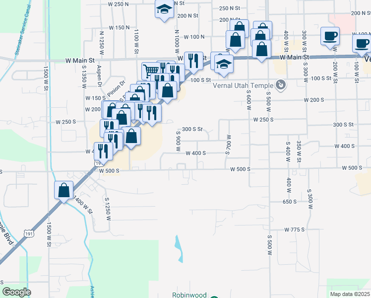 map of restaurants, bars, coffee shops, grocery stores, and more near 887 West 400 South in Vernal