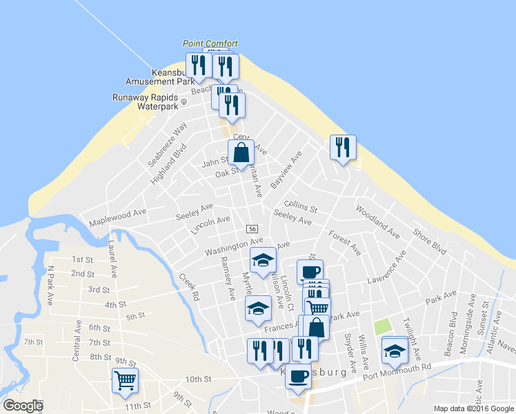 map of restaurants, bars, coffee shops, grocery stores, and more near 165 Raritan Avenue in Keansburg