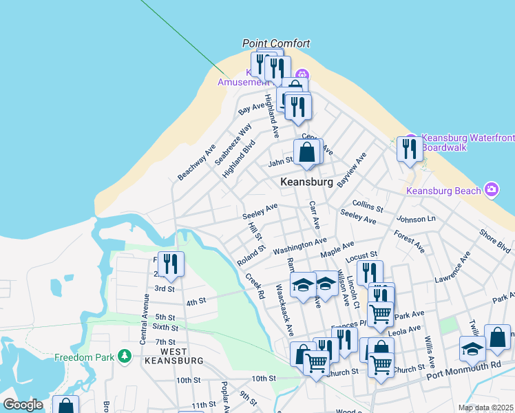 map of restaurants, bars, coffee shops, grocery stores, and more near 184 Seeley Avenue in Keansburg