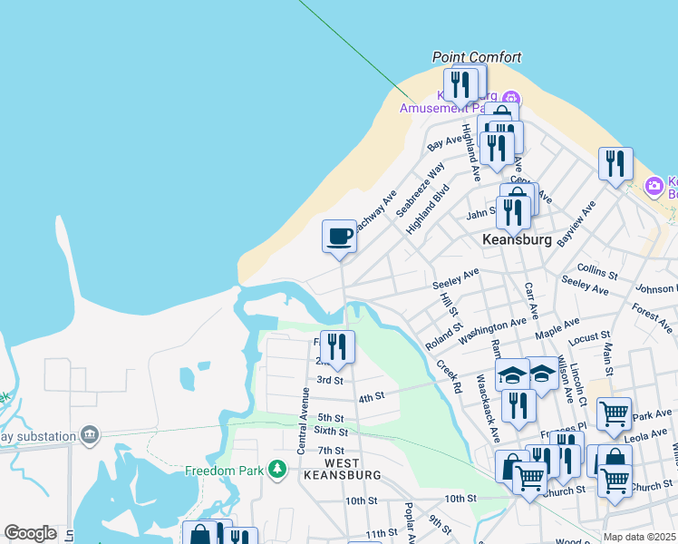 map of restaurants, bars, coffee shops, grocery stores, and more near 89 Maplewood Avenue in Keansburg