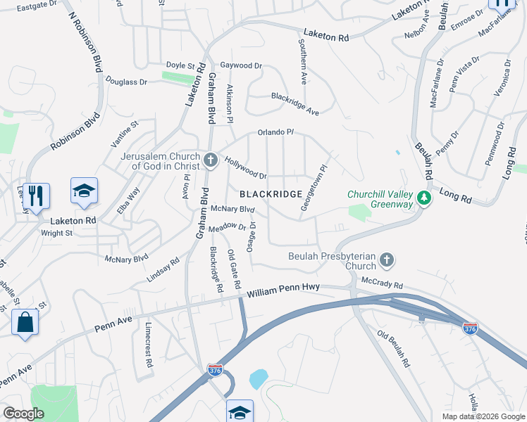map of restaurants, bars, coffee shops, grocery stores, and more near 1539 Williamsburg Place in Pittsburgh