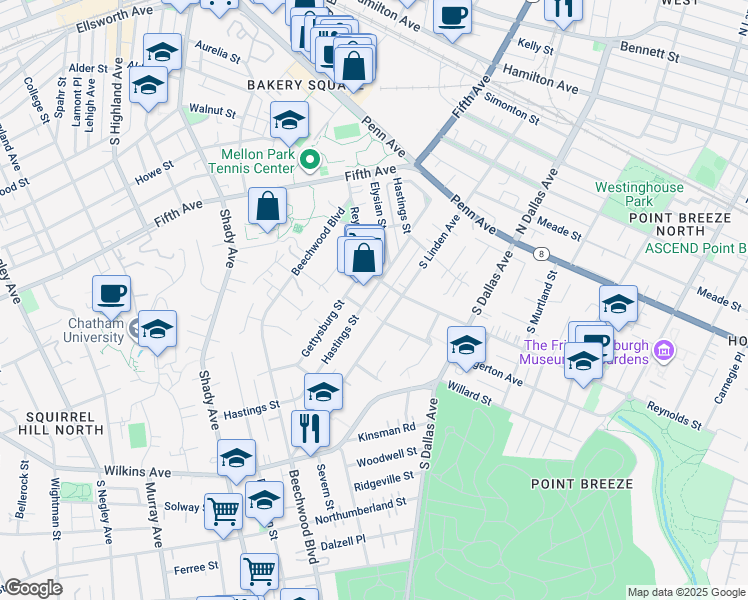 map of restaurants, bars, coffee shops, grocery stores, and more near 430 South Linden Avenue in Pittsburgh