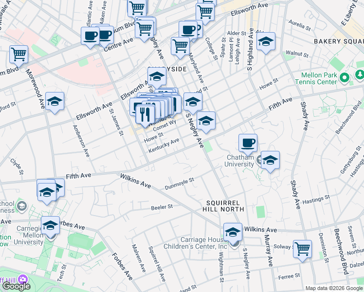 map of restaurants, bars, coffee shops, grocery stores, and more near 5517 Fifth Avenue in Pittsburgh