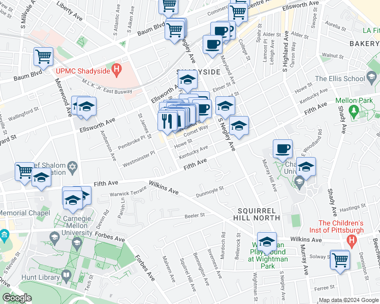 map of restaurants, bars, coffee shops, grocery stores, and more near 5425 Fifth Avenue in Pittsburgh