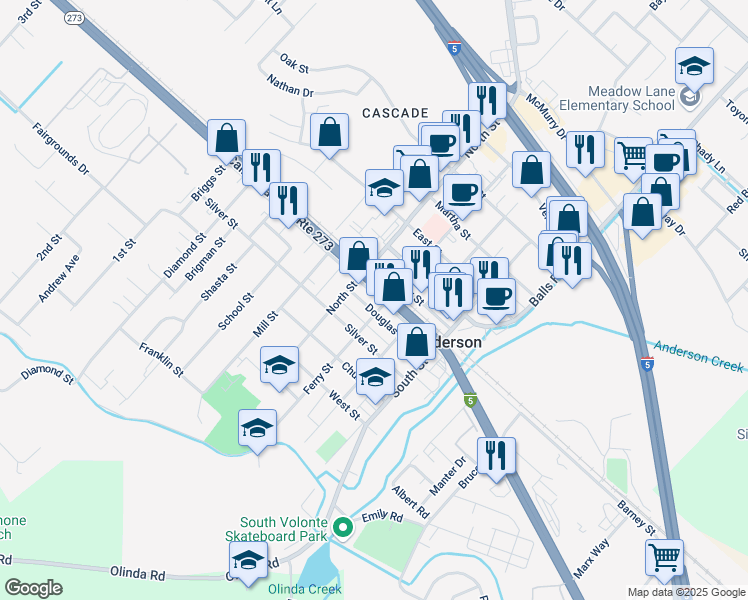 map of restaurants, bars, coffee shops, grocery stores, and more near 1931 Ferry Street in Anderson
