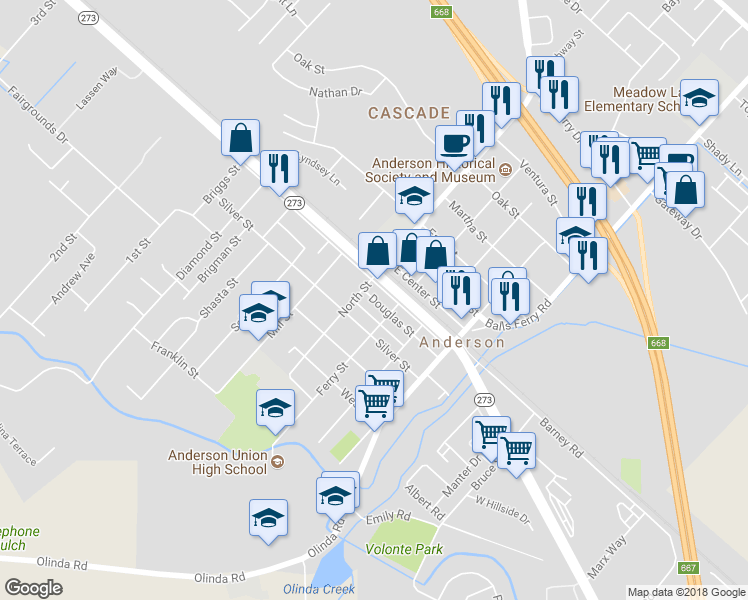 map of restaurants, bars, coffee shops, grocery stores, and more near 3010 Douglas Street in Anderson