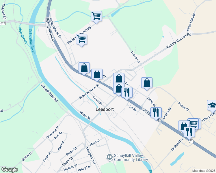 map of restaurants, bars, coffee shops, grocery stores, and more near 0 Pennsylvania 61 in Leesport