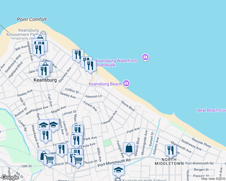 map of restaurants, bars, coffee shops, grocery stores, and more near 95 Shore Boulevard in Keansburg