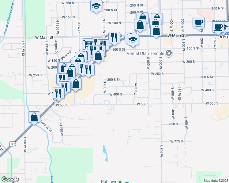 map of restaurants, bars, coffee shops, grocery stores, and more near 384 South 850 West in Vernal