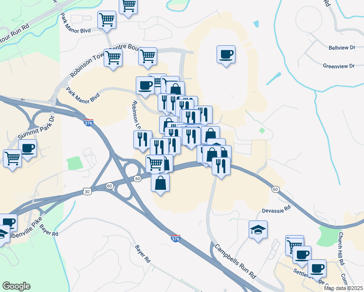 map of restaurants, bars, coffee shops, grocery stores, and more near 6530 Steubenville Pike in Pittsburgh