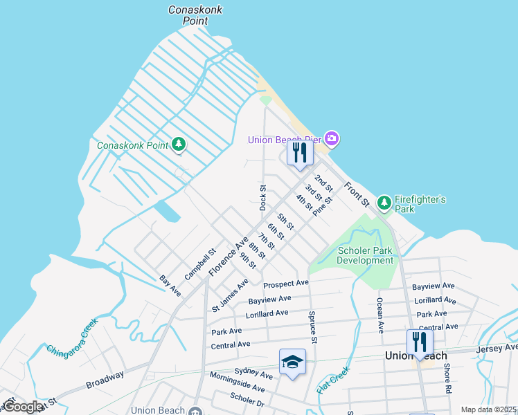 map of restaurants, bars, coffee shops, grocery stores, and more near 503 Dock Street in Union Beach