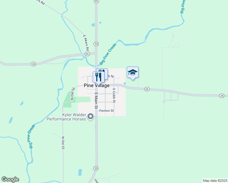 map of restaurants, bars, coffee shops, grocery stores, and more near in Pine Village