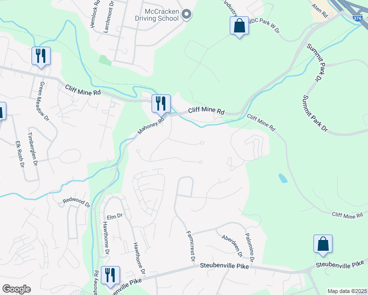 map of restaurants, bars, coffee shops, grocery stores, and more near 223 Crosswinds Court in Coraopolis
