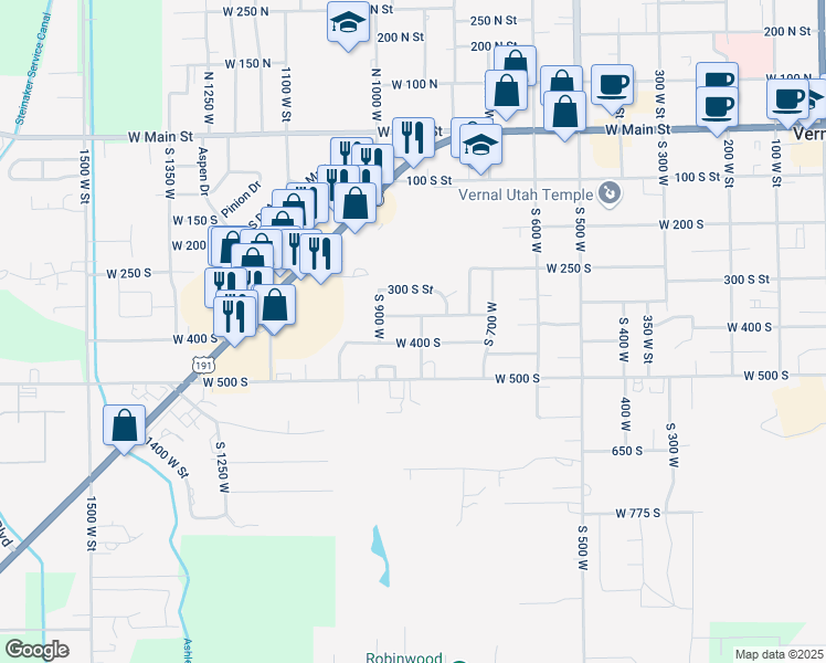 map of restaurants, bars, coffee shops, grocery stores, and more near 380 South 850 West in Vernal