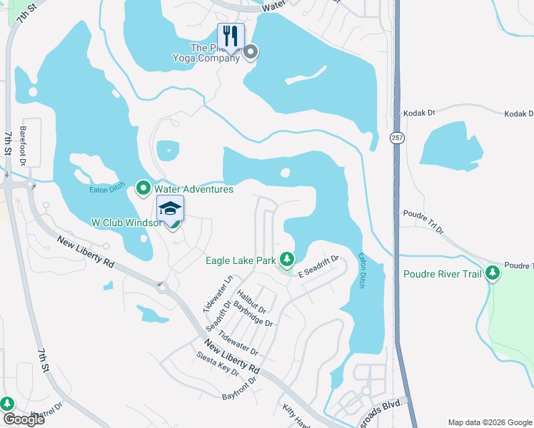 map of restaurants, bars, coffee shops, grocery stores, and more near 1833 East Seadrift Drive in Windsor