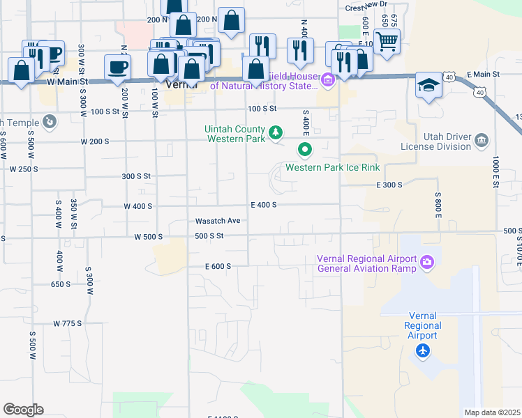 map of restaurants, bars, coffee shops, grocery stores, and more near 248 East 400 South in Vernal