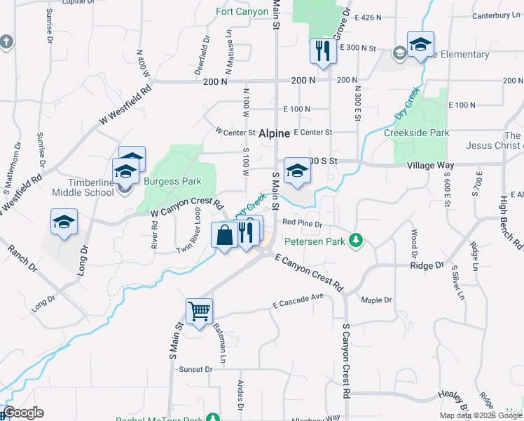 map of restaurants, bars, coffee shops, grocery stores, and more near 250 South Main Street in Alpine