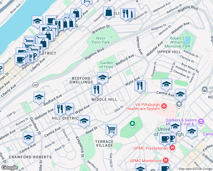 map of restaurants, bars, coffee shops, grocery stores, and more near 2529 Wylie Avenue in Pittsburgh