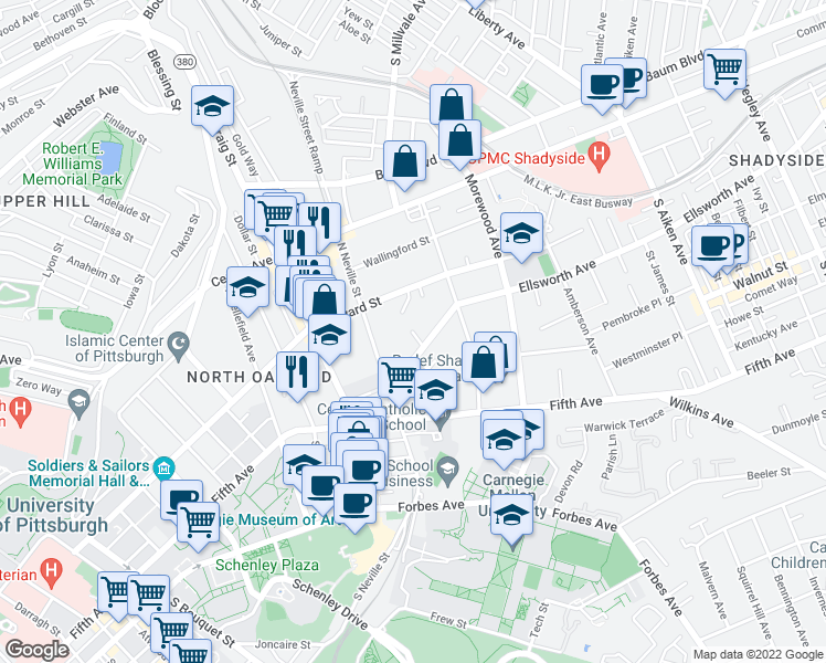 map of restaurants, bars, coffee shops, grocery stores, and more near 4729 Ellsworth Avenue in Pittsburgh