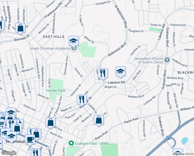 map of restaurants, bars, coffee shops, grocery stores, and more near 1656 Laketon Road in Pittsburgh