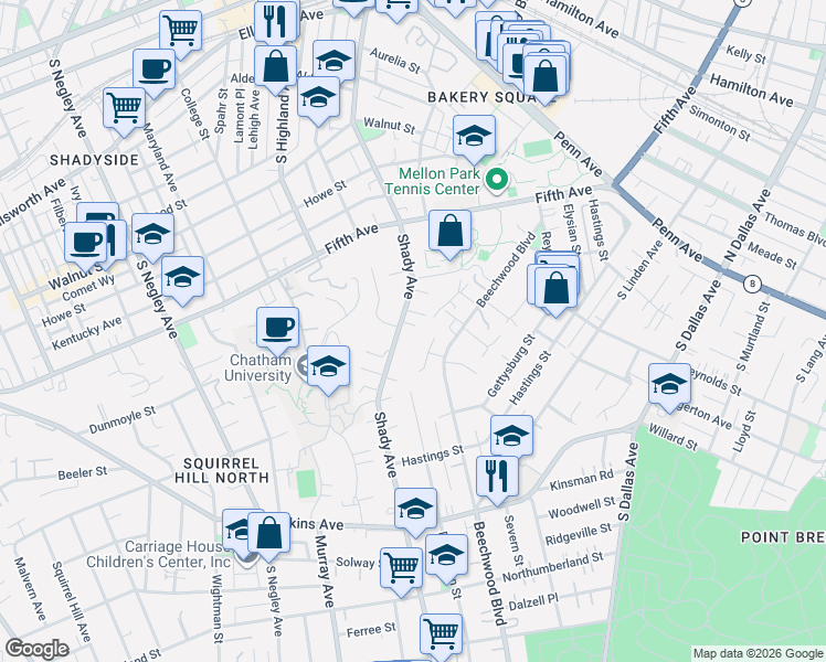 map of restaurants, bars, coffee shops, grocery stores, and more near 1190 Beechwood Court in Pittsburgh