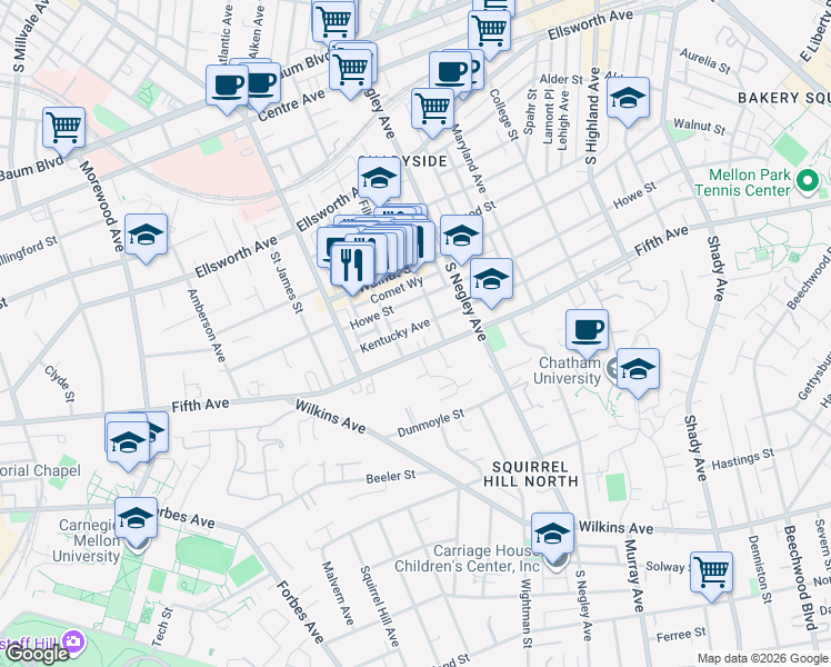 map of restaurants, bars, coffee shops, grocery stores, and more near 5517 Fifth Avenue in Pittsburgh