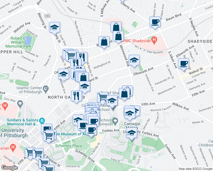 map of restaurants, bars, coffee shops, grocery stores, and more near 4729 Ellsworth Avenue in Pittsburgh