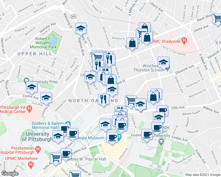 map of restaurants, bars, coffee shops, grocery stores, and more near 144 North Craig Street in Pittsburgh