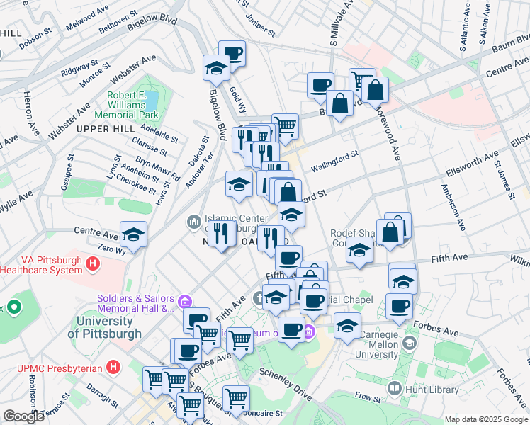 map of restaurants, bars, coffee shops, grocery stores, and more near 200 North Dithridge Street in Pittsburgh