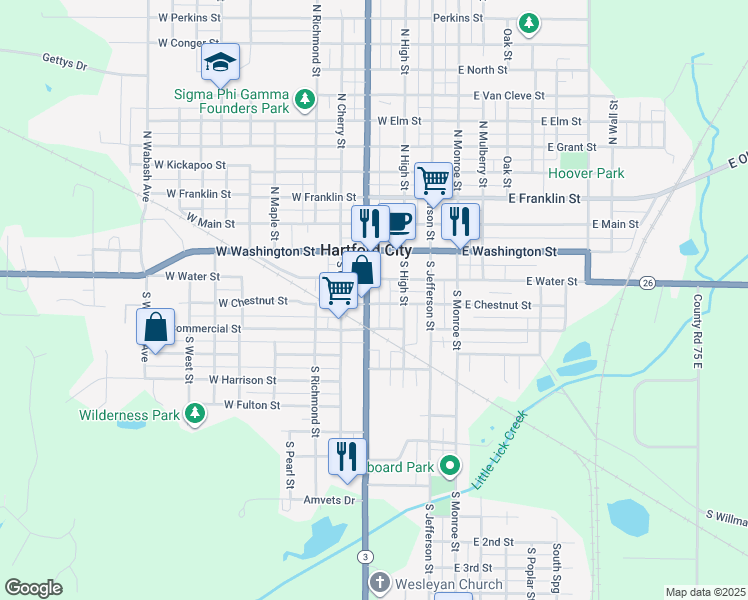 map of restaurants, bars, coffee shops, grocery stores, and more near 214 West Commercial Street in Hartford City