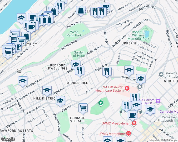 map of restaurants, bars, coffee shops, grocery stores, and more near 2629 Wylie Avenue in Pittsburgh