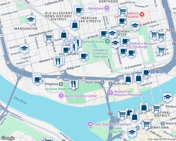 map of restaurants, bars, coffee shops, grocery stores, and more near 791 Ridge Avenue in Pittsburgh