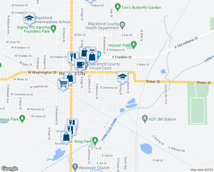 map of restaurants, bars, coffee shops, grocery stores, and more near 309 East Chestnut Street in Hartford City