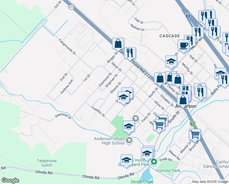 map of restaurants, bars, coffee shops, grocery stores, and more near 1711 Shasta Street in Anderson
