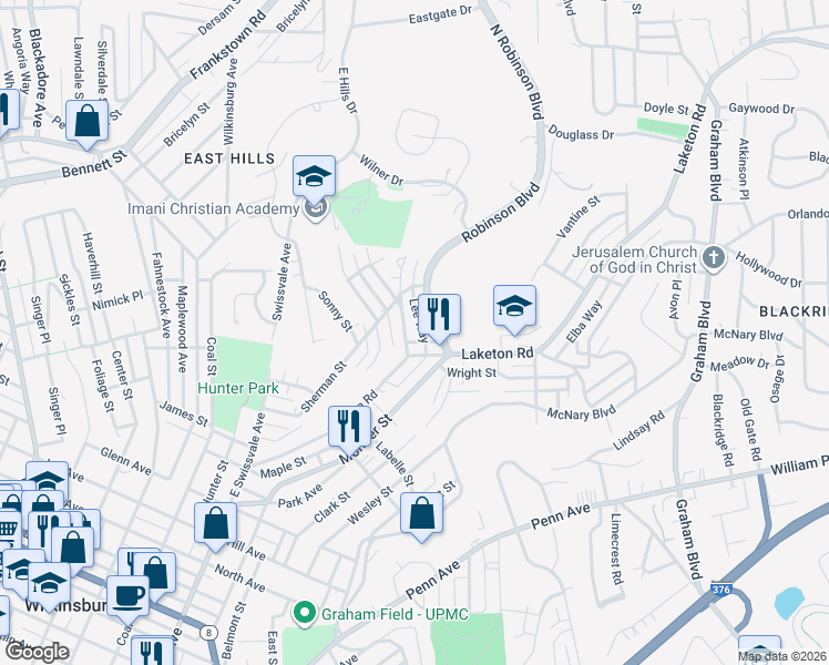 map of restaurants, bars, coffee shops, grocery stores, and more near 1656 Laketon Road in Pittsburgh