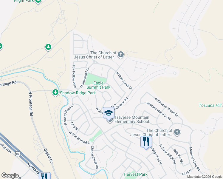 map of restaurants, bars, coffee shops, grocery stores, and more near 5047 North Larkwood Lane in Lehi