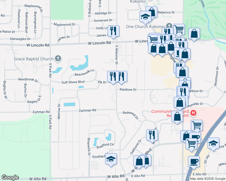 map of restaurants, bars, coffee shops, grocery stores, and more near 3105 Elk Drive in Kokomo