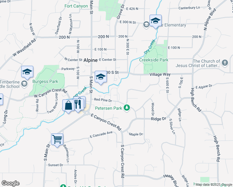 map of restaurants, bars, coffee shops, grocery stores, and more near 201 Red Pine Drive in Alpine