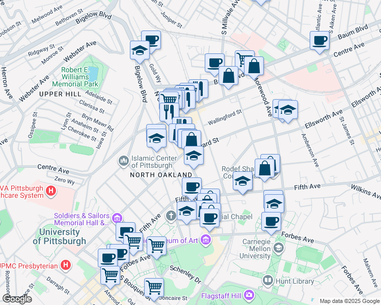 map of restaurants, bars, coffee shops, grocery stores, and more near 4600 Bayard Street in Pittsburgh