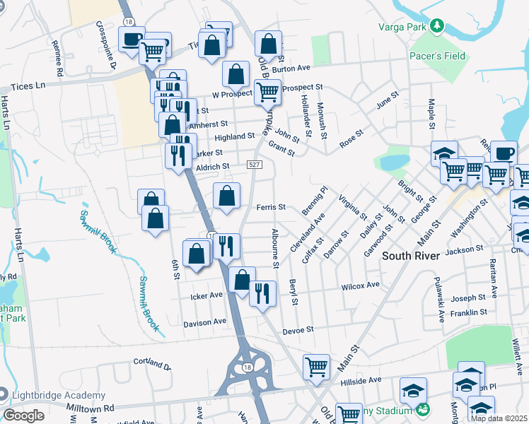 map of restaurants, bars, coffee shops, grocery stores, and more near 410 Old Bridge Turnpike in South River