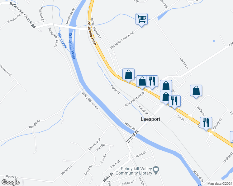 map of restaurants, bars, coffee shops, grocery stores, and more near 158 Canal Street in Leesport