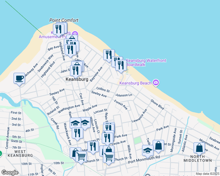 map of restaurants, bars, coffee shops, grocery stores, and more near 38 Center Avenue in Keansburg